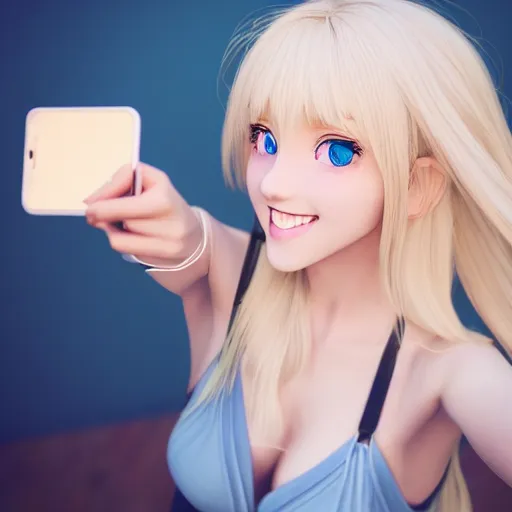 Image similar to beautiful hyperrealism selfie of a cute 3 d anime young woman smiling smugly, long light platinum blonde hair, flushed face, heart - shaped face, cute freckles, light blue eyes, golden hour, 8 k, instagram