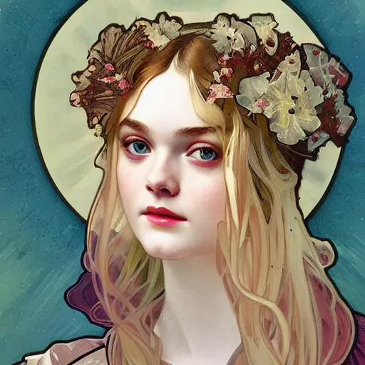 Image similar to professional painting of Elle Fanning in the style of Alphonse Mucha, head and shoulders portrait, symmetrical facial features, smooth, sharp focus, illustration, intricate, stormy weather, extremely detailed masterpiece,