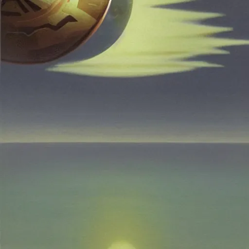 Image similar to a giant metal sphere, addorned with canadian aboriginal patterns!!!!!!!, hovering above a lake in Yukon, Ralph McQuarrie, concept art, dramatic perspective.