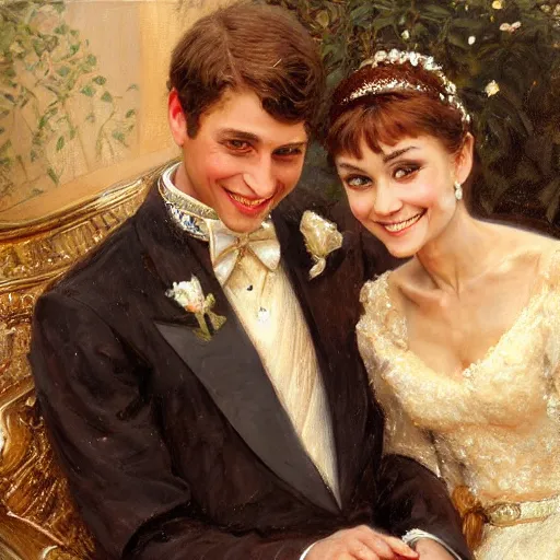 Prompt: detailed painting of young prince william marrying attractive audrey hepburn, highly detailed painting by gaston bussiere, craig mullins, j. c. leyendecker 8 k, smiling couple, royal painting, human face