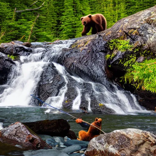 Image similar to dozens!!! of bears!!! catching salmon on a small waterfall in alaska, detailed, wide angle, 4 k