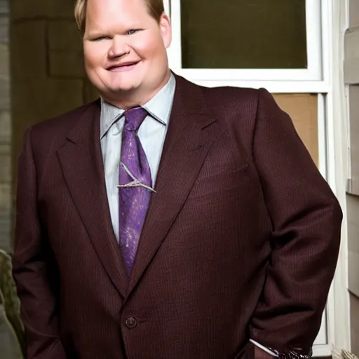 Image similar to Andy Richter is wearing a chocolate brown suit and necktie and is in a bedroom with a window letting in bright morning sunlight. Andy is sitting upright in a bed and is stretching his arm. His mouth his wide open as he yawns.