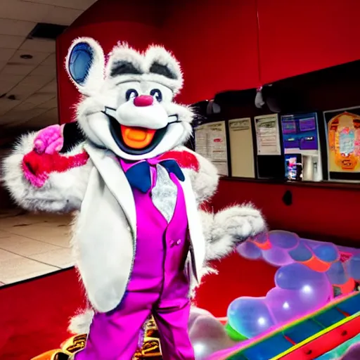 Prompt: photo of Chuck E. Cheese praying at church