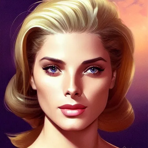 Image similar to Ashley Greene's face combined with Grace Kelly's face with blonde hair as Super Girl, western, D&D, fantasy, intricate, elegant, highly detailed, digital painting, artstation, concept art, matte, sharp focus, illustration, art by Artgerm and Greg Rutkowski and Alphonse Mucha