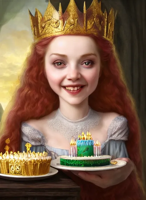 Image similar to highly detailed closeup portrait of a grinning irish fairytale medieval princess eating birthday cake, unreal engine, nicoletta ceccoli, mark ryden, lostfish, earl norem, global illumination, god rays, detailed and intricate environment