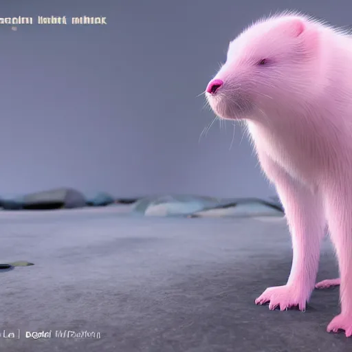 Image similar to white mink with necklace of pink bacteria, unreal engine, staring at camera, matte background, high symmetry, 8k