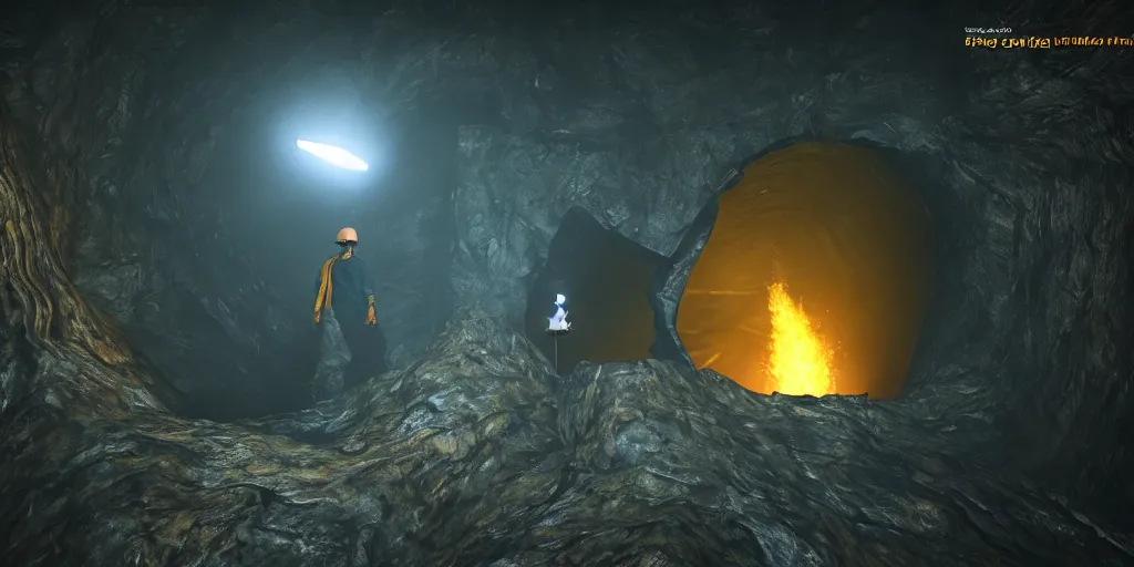 Image similar to male with a torch illuminating a giant abyss hole, nature around the hole, unreal engine 5, intricate details, relaxed
