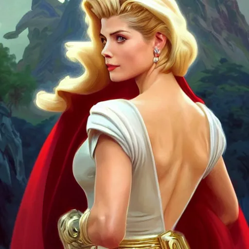 Image similar to A combination of Grace Kelly's and Katheryn Winnick's and Ashley Greene's faces as She-Ra, western, D&D, fantasy, intricate, elegant, highly detailed, digital painting, artstation, concept art, matte, sharp focus, illustration, art by Artgerm and Greg Rutkowski and Alphonse Mucha