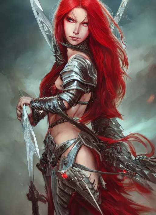 Prompt: beautiful warrior lady, red long hair, practical armor, shiny white skin, demonic eyes, low fantasy, extremely detailed, sharp focus, smooth, digital illustration, by rossdraws, frank franzzeta, sakimichan