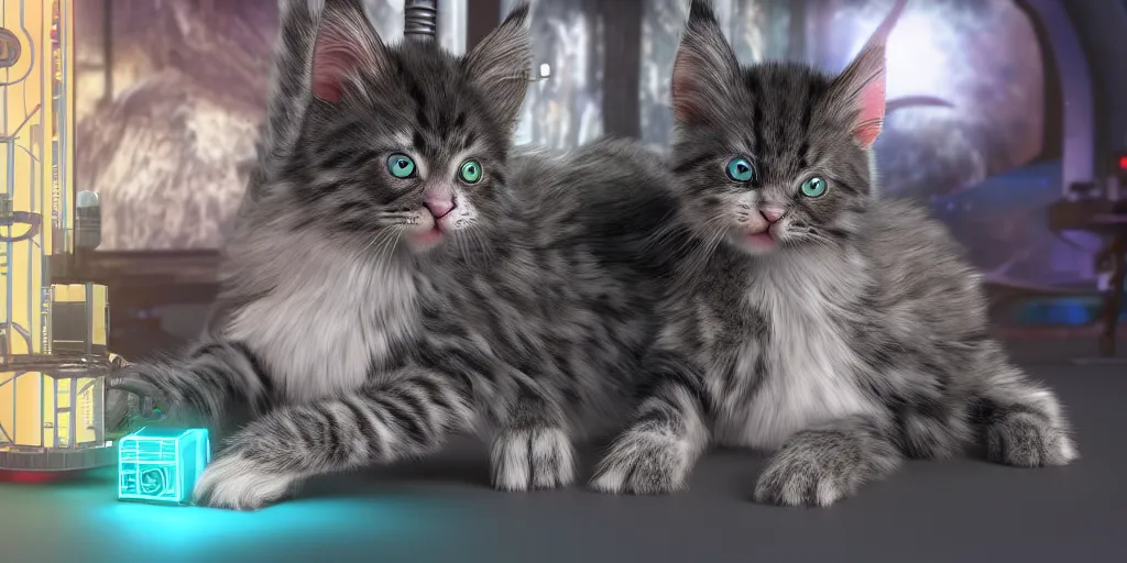 Image similar to a 3 d rendered movie still a cute robotic kitten with rgb ambient lighting implants. the robot maine coon kitten. in the background is a cyberpunk cat tree with rgb dramatic lighting. science fiction blockbuster movie from the future, imax 7 0 mm. octane 3 d render, style of mandalorian ( american space western television series )