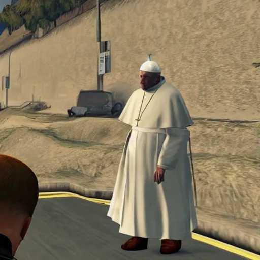 Prompt: gameplay footage of The pope in Gta V