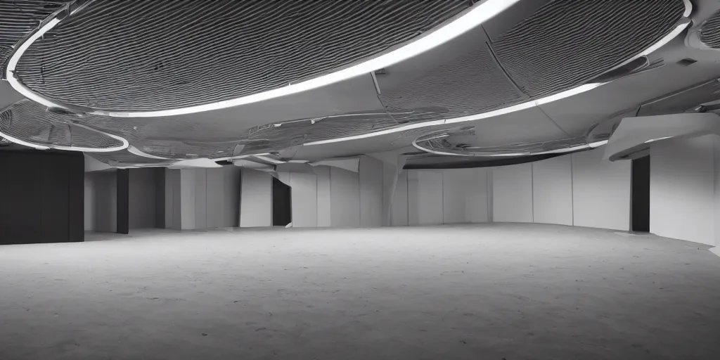 Image similar to a wide angle photo of an empty space in a futuristic studio, global illumination, cinematic