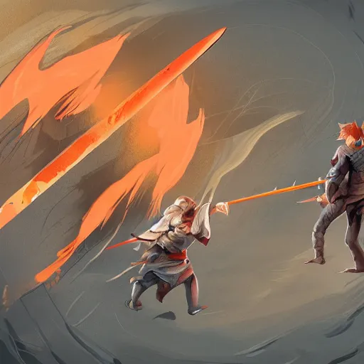 Prompt: sword duel, marble platform, sea, movie concept art, high angle shot, dark orange colors, men