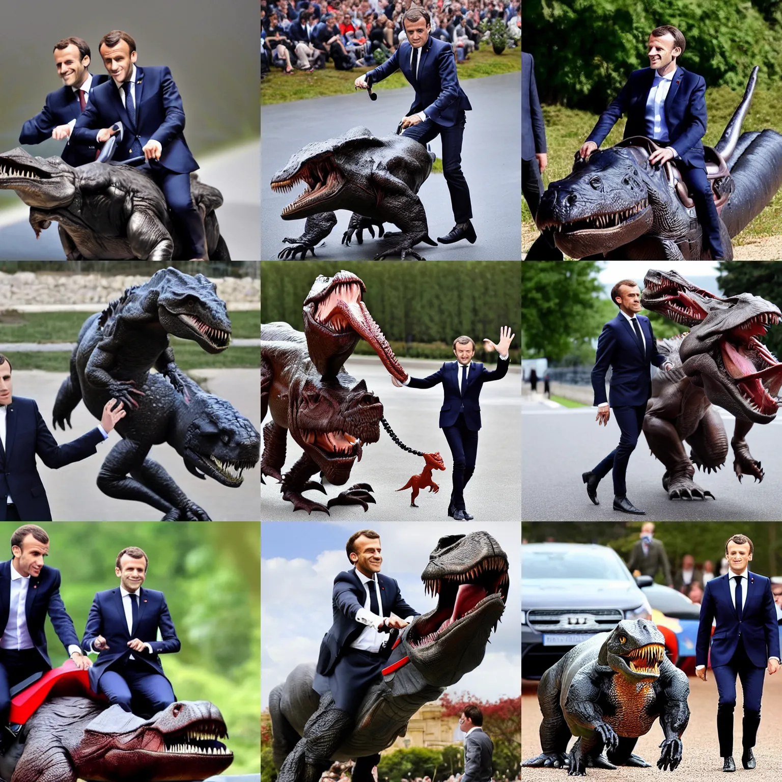 Prompt: emmanuel macron ridding t - rex, realistic