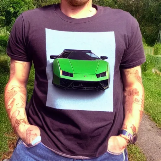 Image similar to a bored ape nft driving a lambo wearing a vintage 1 of 1 tee.