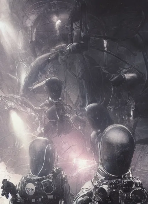 Image similar to astronauts in dark and empty void underwater - complex and hyperdetailed technical suit. reflection and dispersion materials. rays and dispersion of light. volumetric light. 5 0 mm, f / 3 2. noise film photo. flash photography. ultra realistic, wide angle. poster by wayne barlowe, hajime sorayama aaron horkey, craig mullins