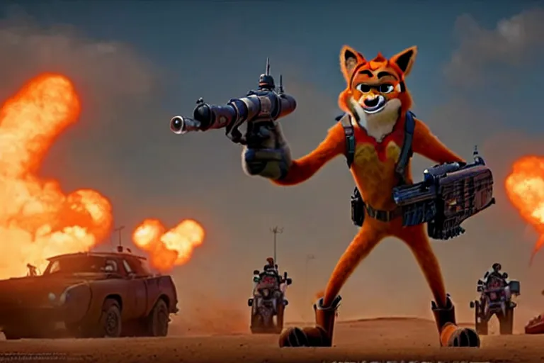 Image similar to nick wilde ( from zootopia ), heavily armed and armored facing down armageddon in a dark and gritty reboot from the makers of mad max : fury road