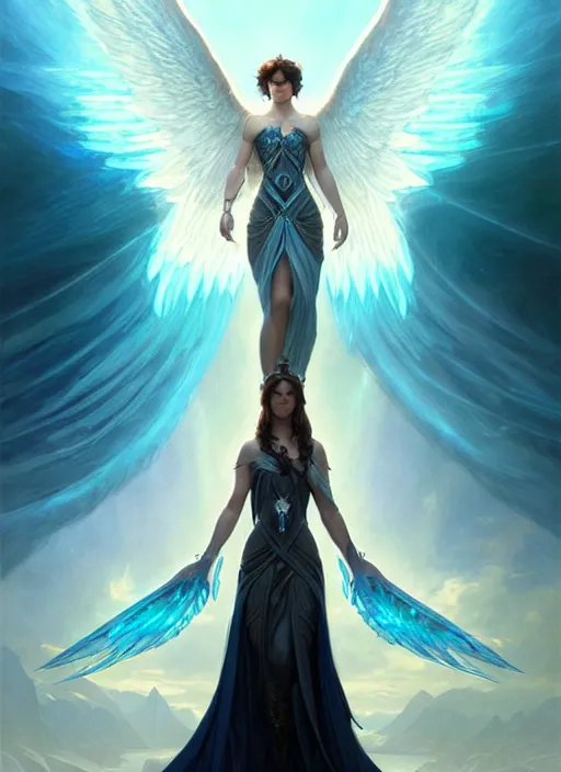 Image similar to a beautiful cinematic female archangel queen, fantasy sea landscape, fantasy magic, short aqua blue black fade hair, dark light night, intricate, elegant, sharp focus, illustration, highly detailed, digital painting, concept art, matte, art by WLOP and Artgerm and Greg Rutkowski and Alphonse Mucha, masterpiece