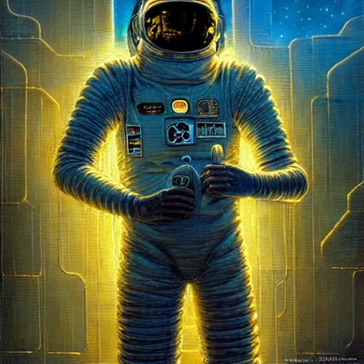 Image similar to cyberpunk astronaut, atmospheric lighting, painted, intricate, golden and blue hour, ultra detailed by peter gric, giger, enki bilal