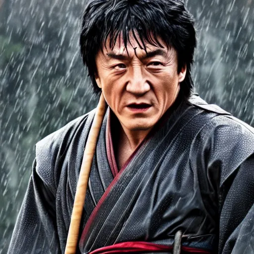 Image similar to Jackie Chan as samurai , under rain, dramatic, sad ambience, an film still