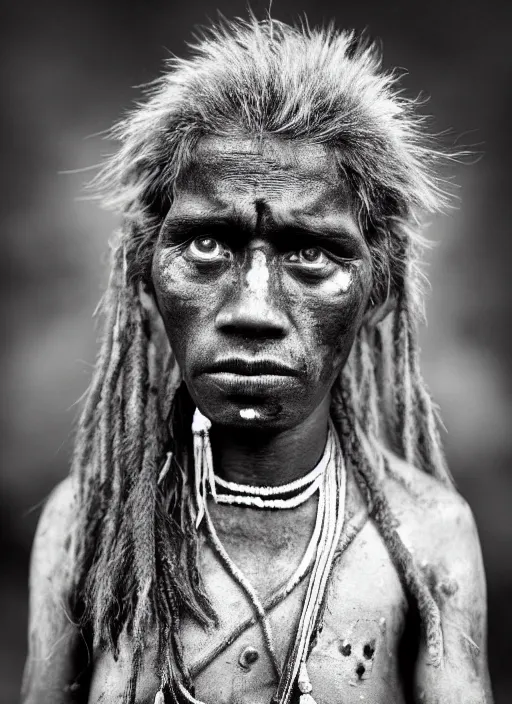 Image similar to Award winning Editorial photo of a Native Nauruans with incredible hair and beautiful hyper-detailed eyes wearing traditional garb by Lee Jeffries, 85mm ND 5, perfect lighting, gelatin silver process