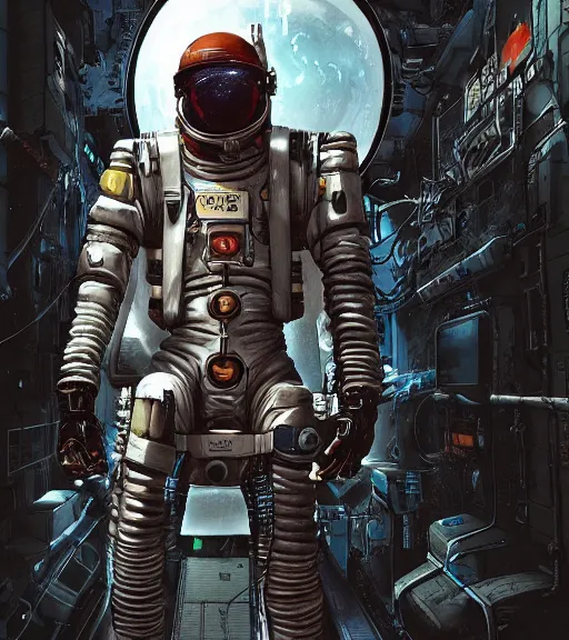 Image similar to realistic cyberpunk engineer with long limbs on a spacewalk, techwear, dead space, visible face, Industrial Scifi, detailed illustration, character portrait, by Martin Grip and Moebius