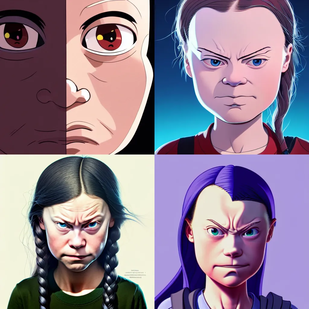 Image similar to centered!! macro head portrait of angry! furious mad disgusted queen greta thunberg, artstation, detailed cartoon, elegant, digital painting, concept art, smooth, sharp focus, illustration, ghibli, makoto shinkai, don bluth, fujita goro, jean giraud, akihiko yoshida, tom whalen 8 k