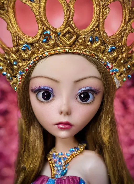 Image similar to closeup profile portrait of tin toy fairytale princess wearing a crown, bikini, depth of field, zeiss lens, detailed, symmetrical, centered, fashion photoshoot, by nicoletta ceccoli, mark ryden, lostfish, breathtaking, 8 k resolution, extremely detailed, beautiful, establishing shot, artistic, hyperrealistic, octane render