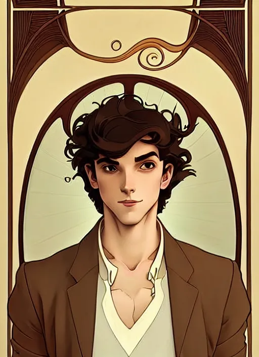 Image similar to art nouveau portrait of a young man with curly light brown hair, brown eyes, serious facial expression, casual clothes, natural lighting, path traced, highly detailed, high quality, cartoon, digital painting, by don bluth and ross tran and studio ghibli and alphonse mucha