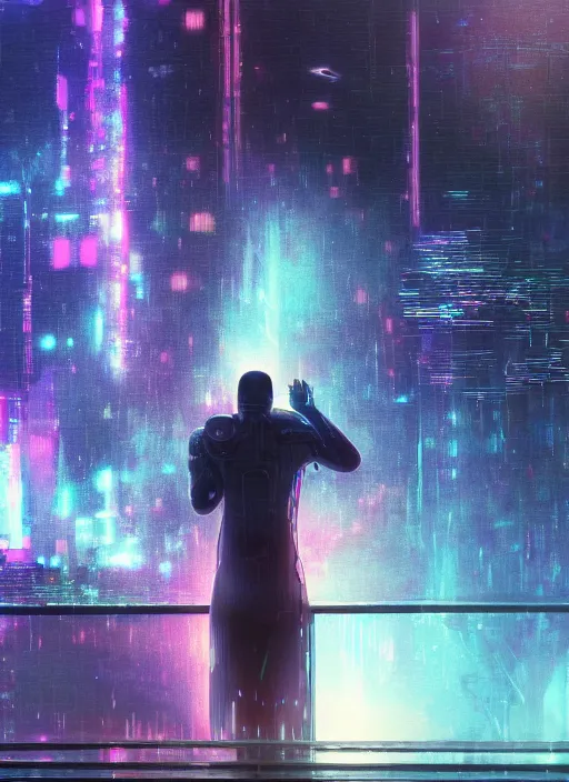 Image similar to one cyber godly person made of cosmic nebula galaxy energy watching a rainy colorful complex cyberpunk futuristic holographic city from behind at night through a window in a room, reflections, 8 k, photorealistic, concept art, wet, highly detailed, cinematic mood by ridley scott, ghost in the shell, trending on artstation, glowing and epic