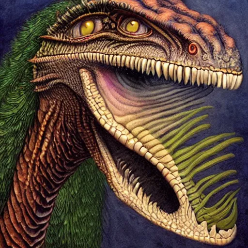 Image similar to portrait of surreal velociraptor, artwork by Daniel Merriam,