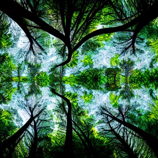 Image similar to looking up at the tops of trees in a forest, an ultrafine detailed painting by jon coffelt and benoit b. mandelbrot, shutterstock contest winner, generative art, multiple exposure, fisheye lens, high dynamic range