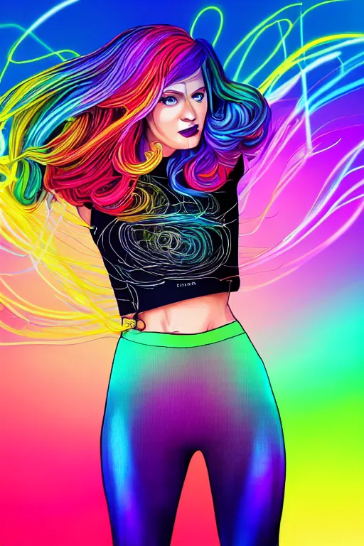 Image similar to a award winning half body portrait of a beautiful woman with stunning eyes in a croptop and leggings with reinbow colored ombre hairstyle head in motion and hair flying while dancing by thomas danthony, surrounded by whirling illuminated lines, outrun, vaporware, shaded flat illustration, digital art, trending on artstation, highly detailed, fine detail, intricate