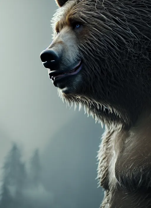 Image similar to portrait of a bear werewolf, brown and grey hair, golden eyes with a paw scar on his right cheek, dim volumetric lighting, 8k octane beautifully detailed render, post-processing, extremely hyperdetailed, intricate, epic composition, grim yet sparkling atmosphere, cinematic lighting + masterpiece, trending on artstation