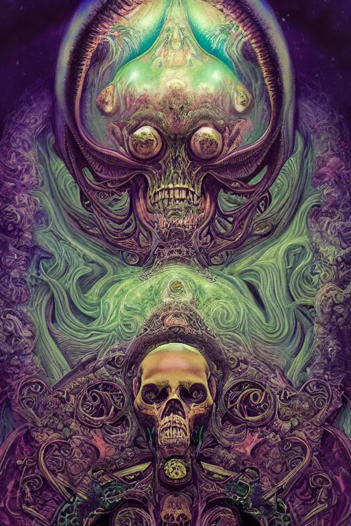 Prompt: gigantic psychedelic demonic cosmic skull, alien tentacles, fantasy painting, mandala, ultra realistic, wide angle, art nouveau, intricate details, ink illustration, rainbowshift, vivid colors, highly detailed by peter mohrbacher, h. r. giger, maxfield parrish, gustave dore, craig mullins, octane render, cgi