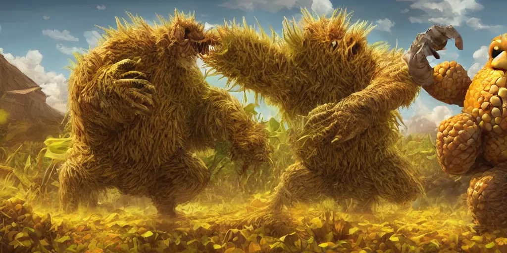 Prompt: corn-monster vs potatoe-monster fight, epic digital art illustration, wide angle, masterpiece, outstanding detail, illustration