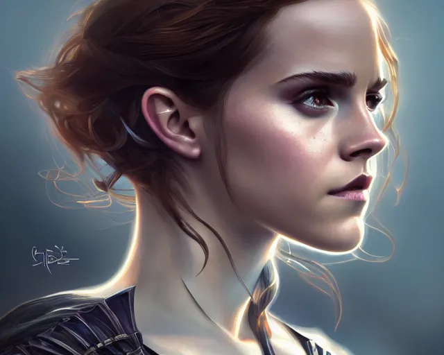 Image similar to photography of emma watson as black widow, deep focus, d & d, fantasy, intricate, elegant, highly detailed, digital painting, artstation, concept art, matte, sharp focus, illustration, hearthstone, art by artgerm and greg rutkowski and alphonse mucha