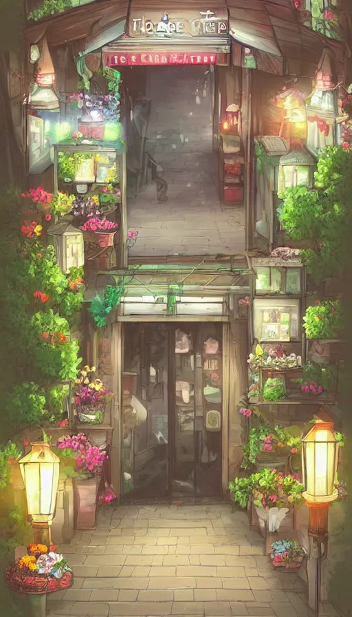 Prompt: a little flower shop's front gate, nostalgic, fresh digital illustrati on, dramatic lighting, pixiv