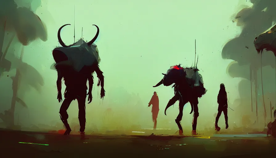 Prompt: ismail inceoglu and jama jurabaev's concept art, cel shadow, film shooting, trends on artstation, high quality, brush strokes, bright colors, a giant demon goat skull buried in the mysterious rain forest