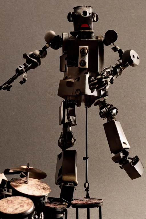 Image similar to a cinematic photo shot of a beautiful 1 : 6 scale threea toys figurine by ashley wood, world war one robot playing drums and electric guitar, black background, museum light, dark mood