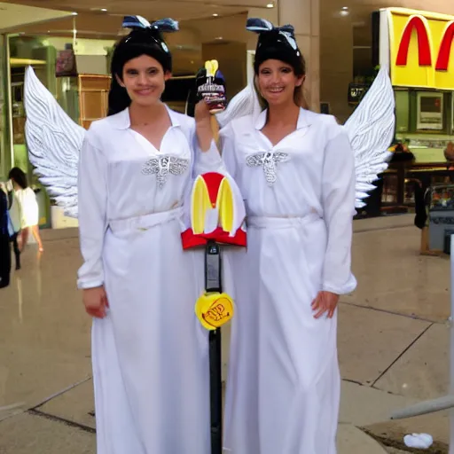 Image similar to angels in heavenly garb complete with wings working at a mcdonald's.