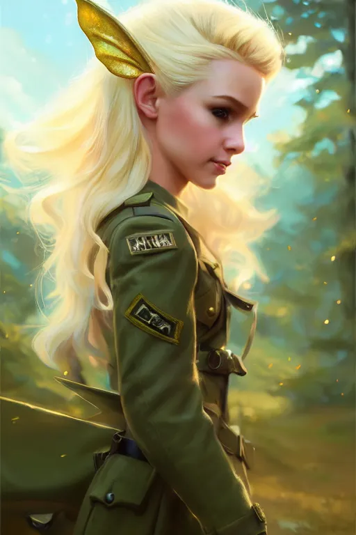 Image similar to cinematic shot of an epic portrait of a cute blonde fairy dressed in military clothes, stylised military clothes, shiny skin, beautiful eyes, beautiful, small details, night setting, realistic poster with volumetric light from craig mallism, artgerm, jeremy lipkin and michael garmash, unreal engine, radiant light, digital art, trends at art station, a masterpiece