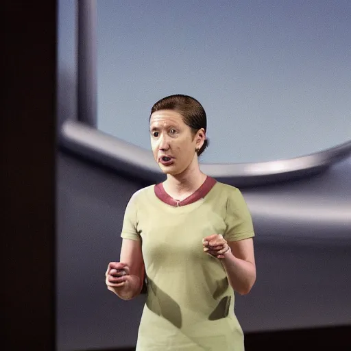 Image similar to photograph of a female mark zuckerberg giving a keynote speech on apple park