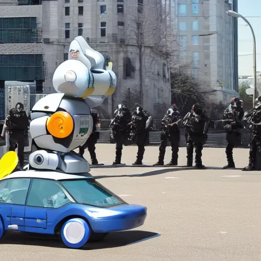 Image similar to giant duck shaped robot surrounded by police cars