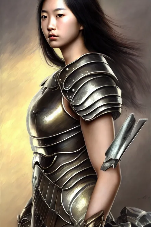 Image similar to a photorealistically painted portrait of an attractive young asian girl, partially clothed in metal-plated battle armor, with an abstractly painted background, flawless skin, fair complexion, long dark hair, beautiful bone structure, perfectly symmetric facial features, perfect photorealistic eyes, natural physique, intricate, elegant, digital painting, concept art, finely detailed, beautifully illustrated, sharp focus, minimal artifacts, volumetric lighting, from DOOM and Halo, by Ruan Jia and Mandy Jurgens and Artgerm and William-Adolphe Bouguerea, in the style of Greg Rutkowski, trending on Artstation, award winning art