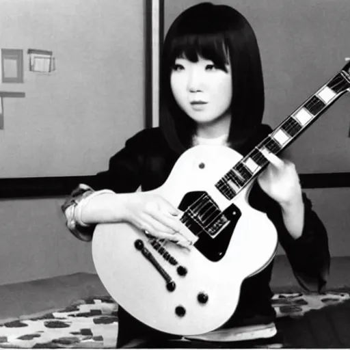 Prompt: real-life Yui with her giita Gibson Pre-'08 Les Paul Standard, a still of a Japanese movie