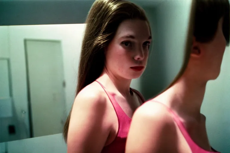 Prompt: close-up color film photography 1970s, woman standing near mirror, soft light, 35mm, film photo, Joel Meyerowitz