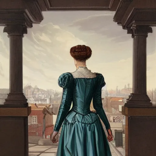 Prompt: portrait of a victorian lady in a futuristic city, from behind, streets, in the year 1700, highly detailed, digital painting