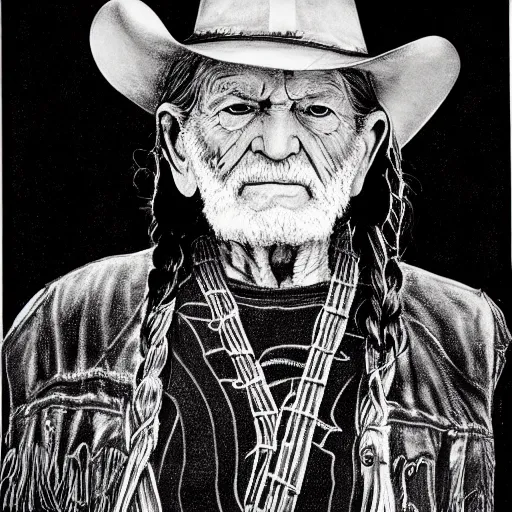 Prompt: an _ extremely _ detailed _ masterpiece _ grunge _ head _ and _ shoulders _ drawing _ of _ an _ old _ willie _ nelson _ in _ the _ style _ of _ richard _ avedon _