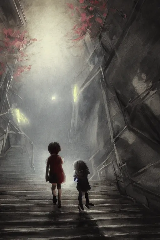 Prompt: a painting of two children with glowing eyes walking down a set of stairs, concept art by sadamichi hirasawa, featured on pixiv, neoplasticism, concept art, demonic photograph, cryengine